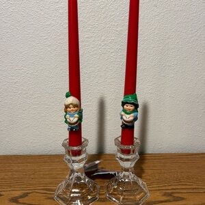 Vintage Wax Candles With Figure of Boy & Girl Playing Drums,Glass Candleholders